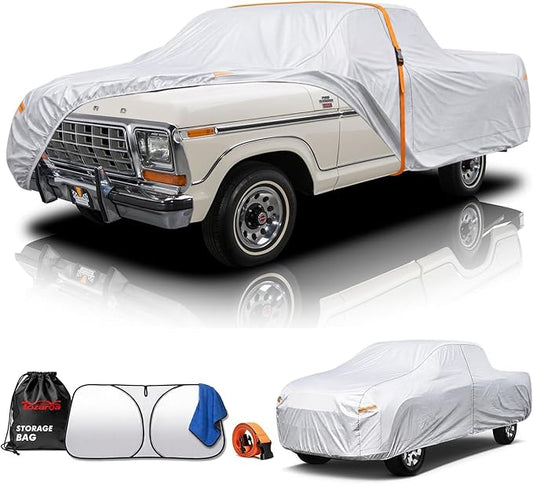 Truck Cover Waterproof All-Weather,Outdoor Pickup Covers(Length 211-220 inch) with Windshield Sun Shade Universal Fit Tacoma, Tundra, F-150, RAM 1500 etc,Size T2 (See Size Chart)