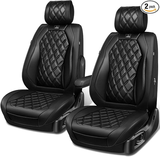 CAR PASS Luxury Nappa Leather Front Seat Covers, Waterproof Lumbar Support Seat Covers, Universal Anti Slip Seat Cushion Fit for Most Sedan SUV Truck Van, Armrest Airbag Compatible Rhomb Pure Black