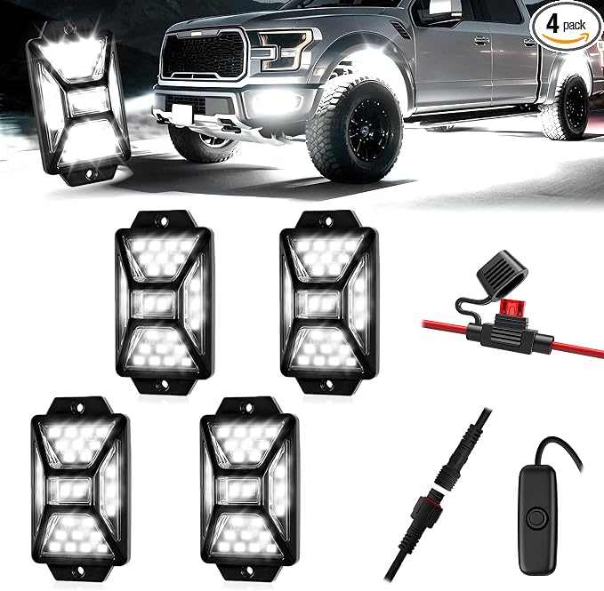4 Pods Pure White LED Rock Lights Kit with Switch Wiring Harness,6500K 108 LEDs Bright Rock Lights for Trucks,Waterproof Underglow Light for Car Jeep Off Road ATV UTV SUV(Patented)