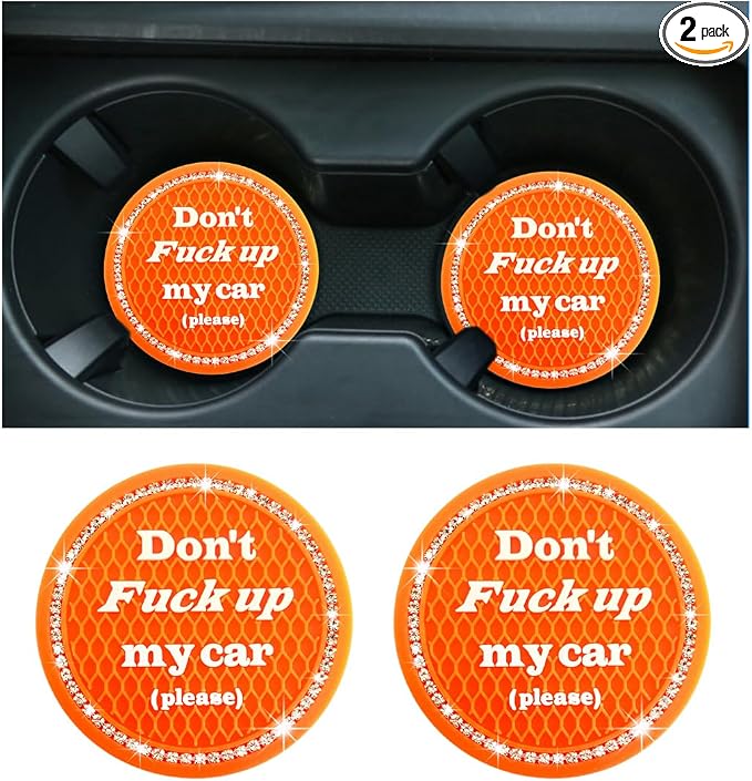 2 PCS Bling Car Cup Coaster, 2.75 Inch Anti-Slip Cup Holder Insert Coasters, Crystal Rhinestone Auto Drink Car Cup Mat for Women Girls, Universal Interior Car Accessories (Orange)