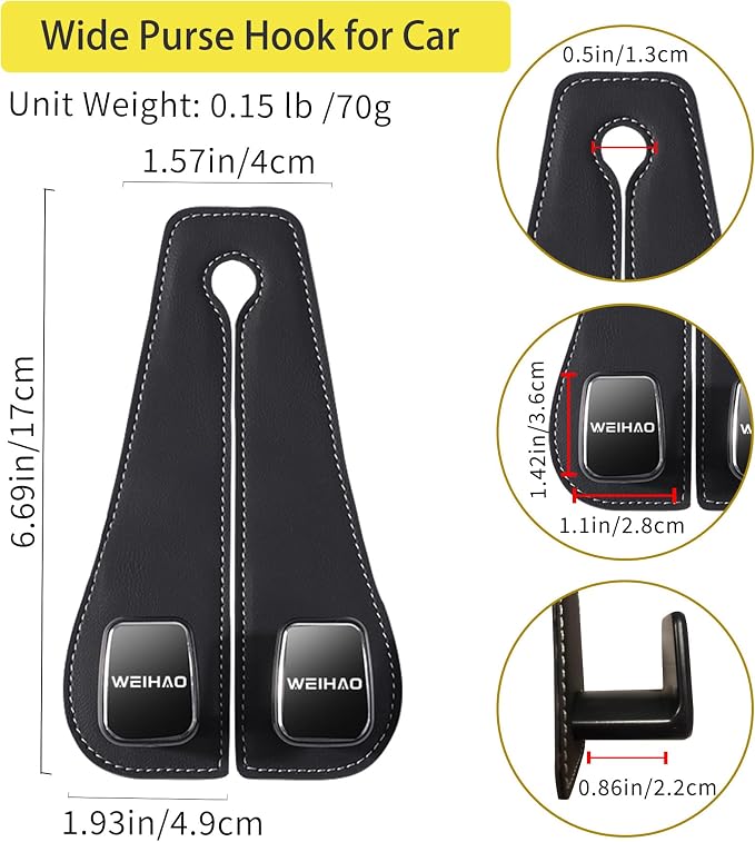 WEIHAO Wide Purse Hook for Car, Twin Hook Leather Car Headrest Hangers, Car Seat Back Storage Hook, Headrest Hooks Purse Bag Holder for Car Universal Fit Sedan Trucks SUVs Most Vehicles (Black-4PCS)
