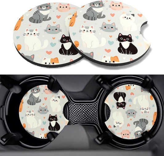 Car Cup Coasters,2 Pack Car Coaster,2.75inch Anti Slip and Absorbent Cars Coasters for Cup Holders,Neopren Accessories for Women,Cute Decor for Women (Cute Cats)