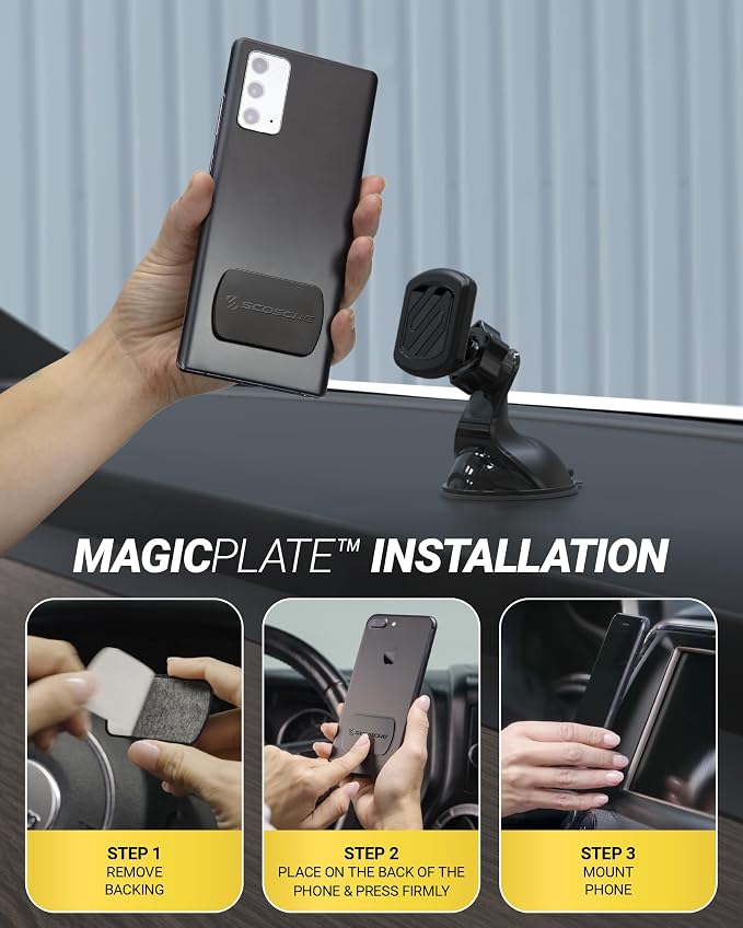 Scosche Extra Strength Suction Car Phone Mount, Magnetic Phone Holders for Your Car Windshield/Dashboard, Car Holder with 360° Rotation, Thick Metal Plate for iPhone and Android, Not MagSafe, 2-Pack