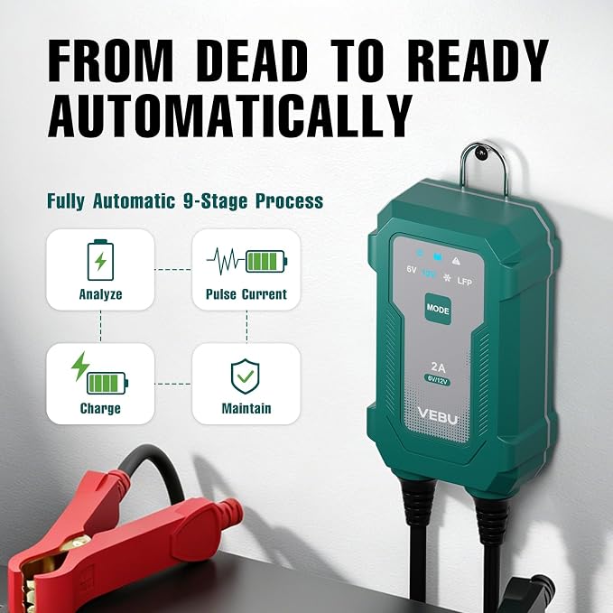 Smart 2A 6V/12V Battery Charger Maintainer - Auto Desulfator & Winter Mode for Deeply Discharged Lead-Acid & LiFePO4 Batteries - Perfect for Motorcycle, Car, Boat, RV, ATV