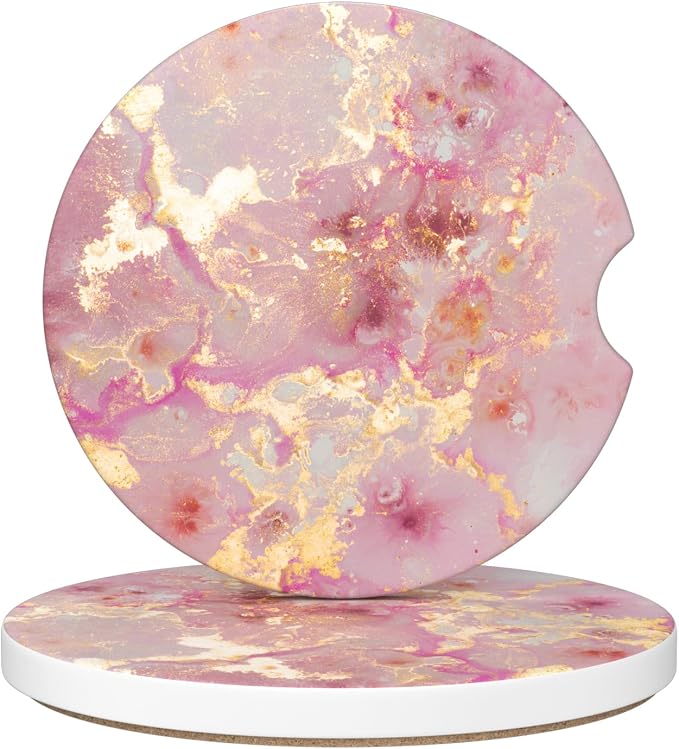 Car Cup Holder Coaster, Car Coasters for Cup Holders, 2 Pack Universal Anti Slip Insert Absorbent Ceramic Auto Interior Accessories with A Finger Notch & Cork Base, Golden Pink Marble