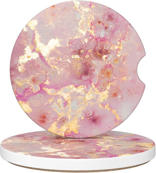 Car Cup Holder Coaster, Car Coasters for Cup Holders, 2 Pack Universal Anti Slip Insert Absorbent Ceramic Auto Interior Accessories with A Finger Notch & Cork Base, Golden Pink Marble