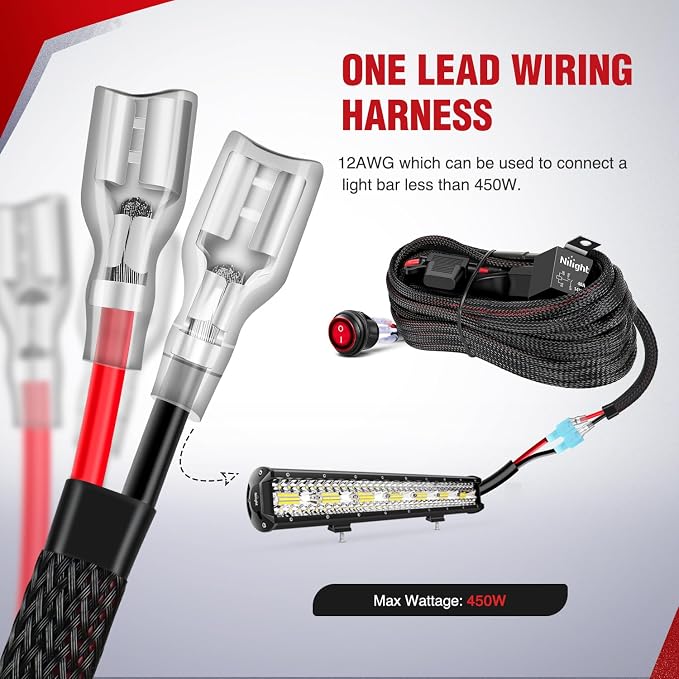 Nilight Wiring Harness Kit Nylon 12 AWG 1 Lead 12 V On Off Switch Power Relay Blade Fuse for LED Light Bar Off Road Lights on Cars Jeep Boat Trucks