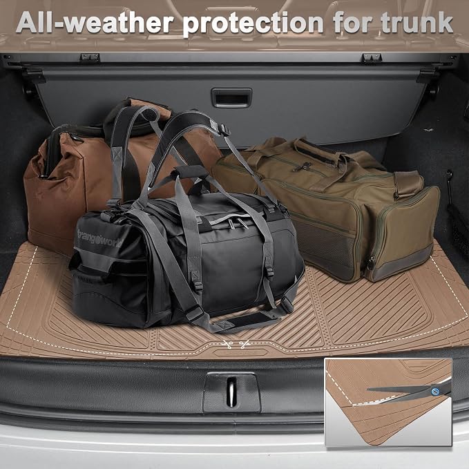 CAR PASS Beige Rubber Floor Mats&Cargo Liner,Waterproof Truck Mats Heavy Duty,All Weather Trim-to-Fit Automotive Mat for Car Truck SUV,Anti-Slip Easy Clean Durable,Full Set 5-Piece,3D Emboss All Beige
