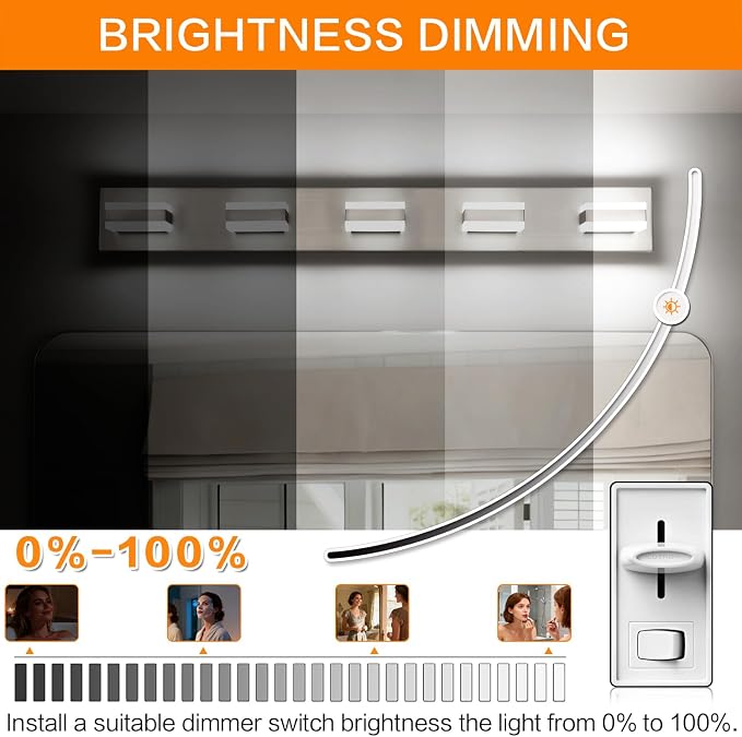 SOLFART Bathroom Brushed Nickel Bathroom Light Fixture, Vanity Lights Over Mirror, 5 Light Led Lights for Bathrooms,5 Color Temperature Adjustable Vanity Lights for Bath Nickel ETL Listed