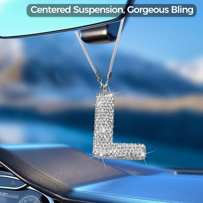 Bling Car Accessories for Women Letter Charm, Rear View Mirror Ornament Cute Hanging Crystal Pendant Girl Car Decorations, Lucky Diamond Rhinestone Girly Charm Interior (White L)