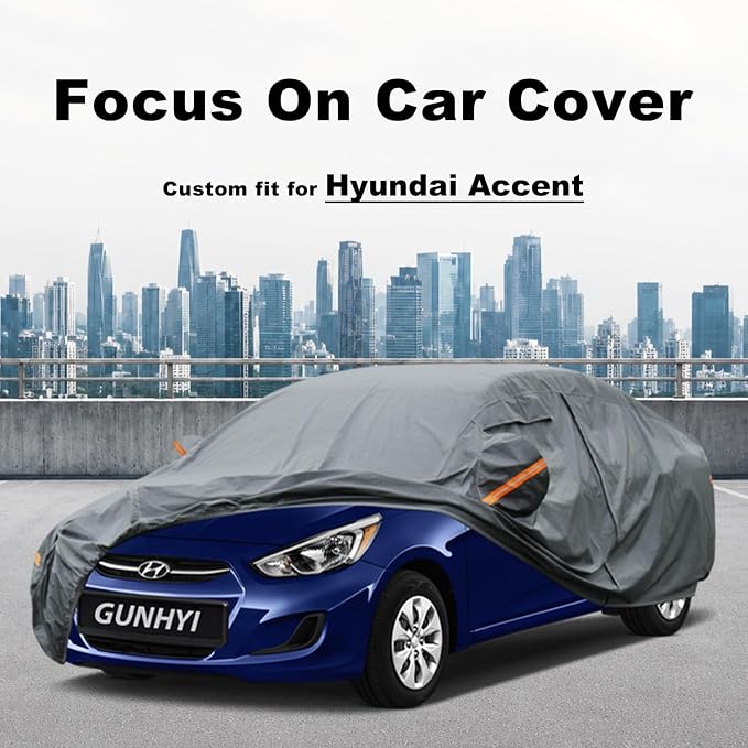 GUNHYI Premium Car Cover Custom Fit Hyundai Accent, 16 Layers Heavy Duty Car Cover Waterproof All Weather with Zipper Door for Sun Rain Snow Dust Uv Protection