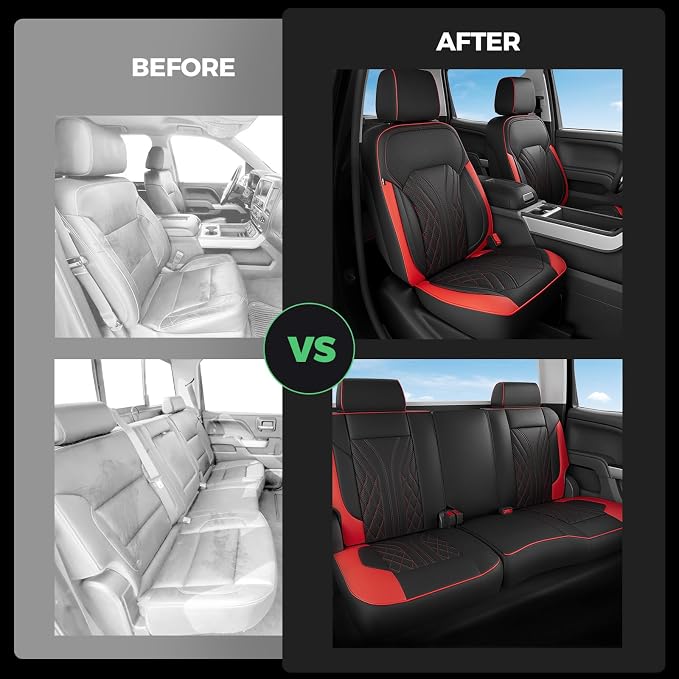 Truck Leather Seat Covers for Chevy Silverado Gmc Sierra 2014-2019 | Crew Cab 1500/2500/3500HD, Bucket Seat, NO Rear Seatback Storage, Scratch-resistant, Easy-clean, Pickup Protector, Full Set