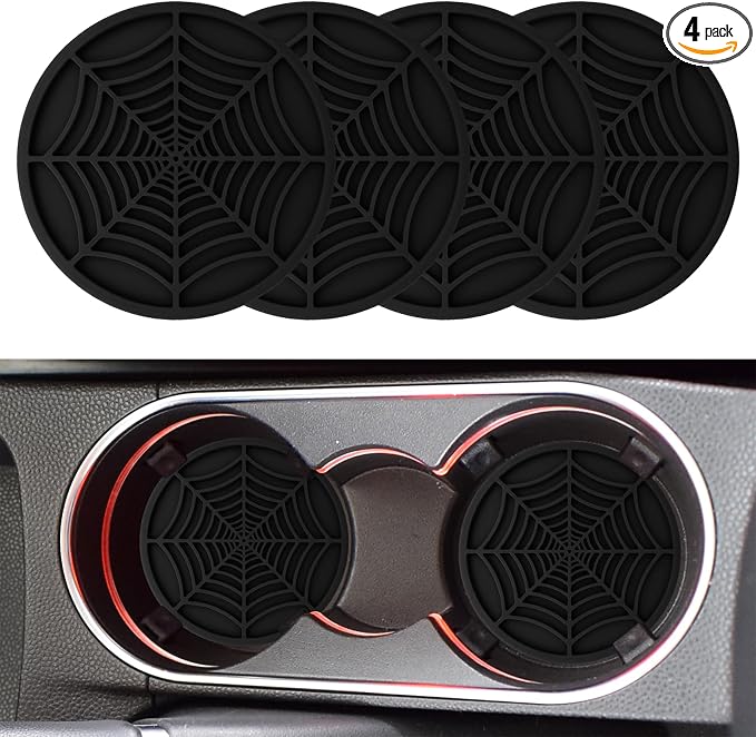4PCS Car Cup Holder Coaster, Car Cup Insert, 2.75 inch Silicone Anti Slip Spider Web Auto Coaster, Automotive Interior Accessories Car Drink Coasters Cute Fit for Women and Men (Black)