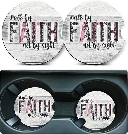 2 Pack Christian Car Cup Holder Coasters Universal Neoprene Coasters | 2.75" Universal Size Anti Slip Rubber Mat, Auto Cup Holder Accessories for SUV Truck, Walk by Faith Gifts for Women Men