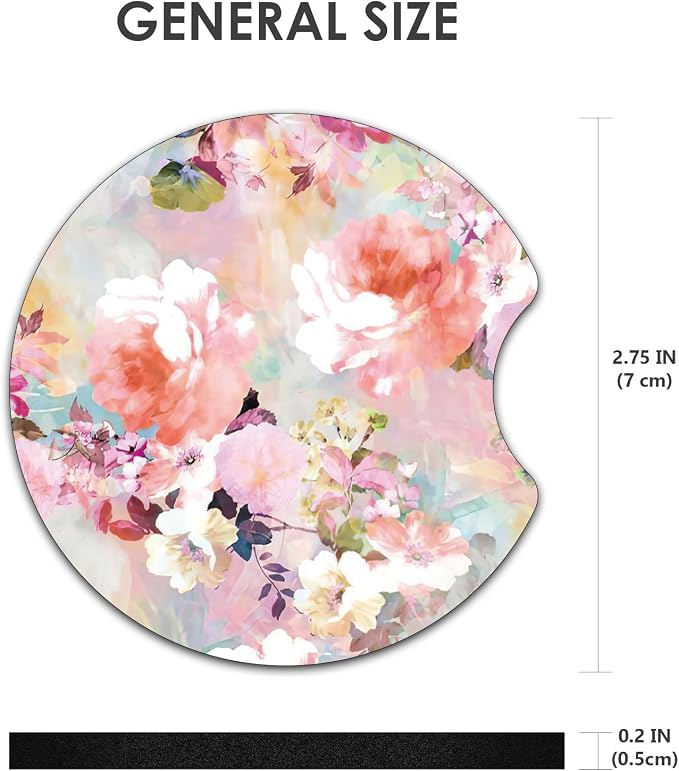 2 Pack Car Coasters，2.75-inch Neoprene Non-Slip Cup Holder Coasters for Car，Cute Car Interior Accessories for Men and Women，Pink Flower