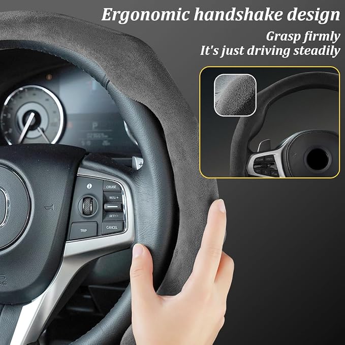 Car Steering Wheel Cover, Soft Brethable Suede Non-Slip Vehicle Steering Wheel Protector, Comfortable Sporty Auto Interior Protection Accessories, Universal for Truck SUV Van (Carbon Black)