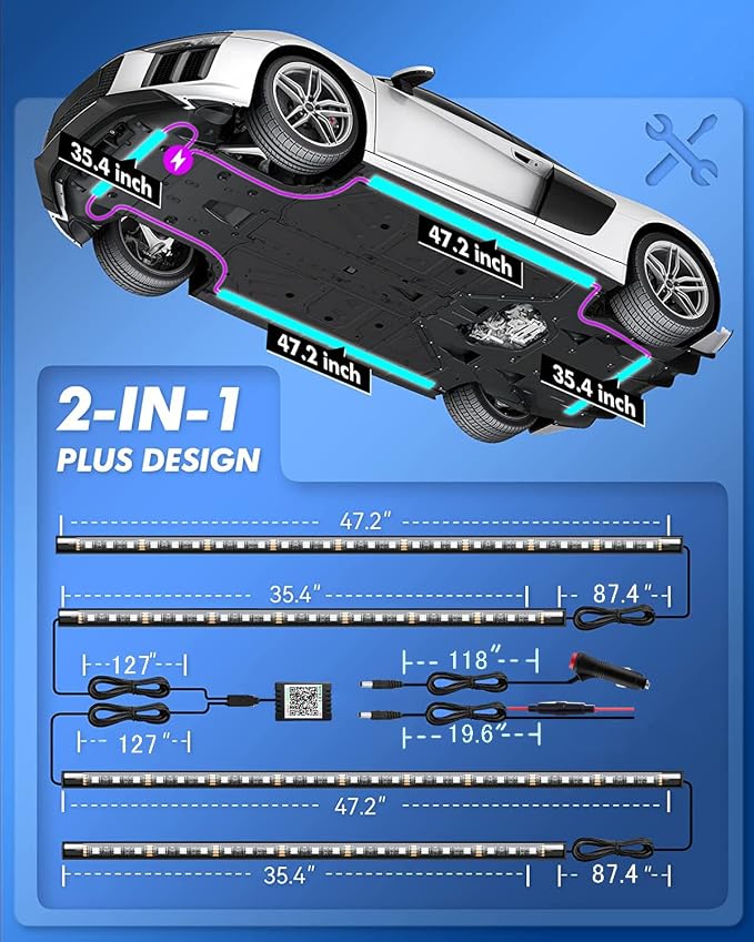 Yielinth Car Underglow Lights, Exterior LED Strip Lights with App and RF Remote Control, 16 Million Colors Underglow Kit for Car, 4 Pieces