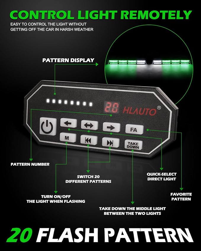 HLauto 604N Emergency Dash Strobe Lights: 2x16.8 inch Green Security Light w/Take Down, 48 LED Safety Flashing Warning Hazard Interior Windshield Light Bar for Truck Vehicle