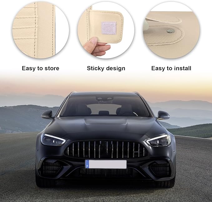 Dickno Small Leather Car Sun Visor Organizer, Multifunctional Auto Visor Document Holder with Sunglasses Clip, Universal Car Interior Organizer for Drving License, Card, Pen (Beige)