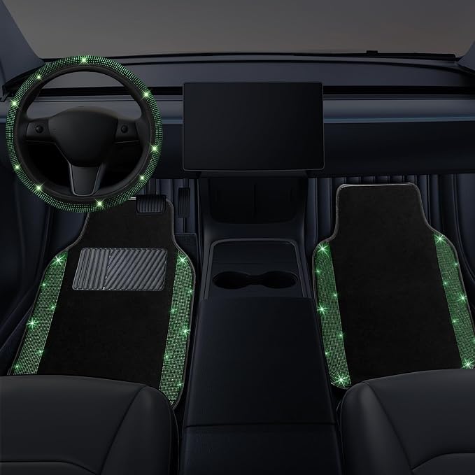 NBTEPEM Bling Car Floor Mats Full Set and Steering Wheel Cover, Universal Fit Most Cars, 4 pcs Sparkle Glitter Diamond Carpet, 5 pcs Bling Car Accessories Set for Women (Green Diamond)
