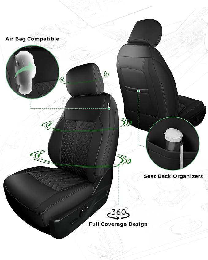 for Ford F150 Leather Seat Covers, SuperCrew XL XLT 2021-2026, F250 F350 F450 Super Duty Crew Cab 2023-2026, Custom Truck Seat Cover Full Set, Pickup Accessories, Black (Bucket Seat)