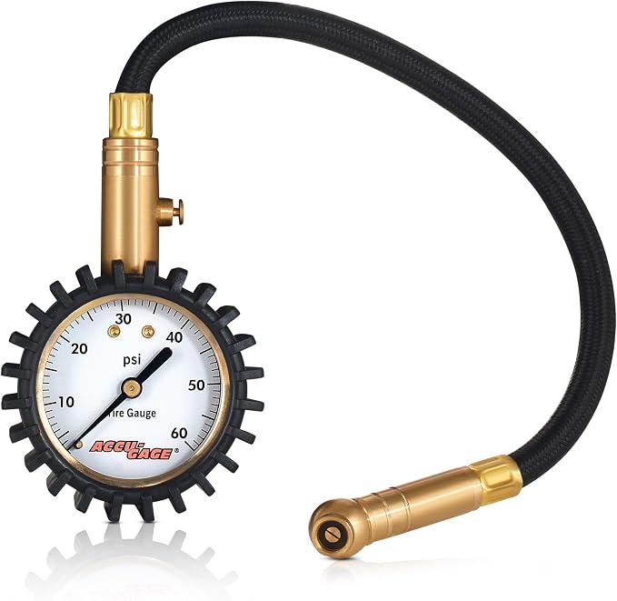 Accu-Gage RH60XA Tire Pressure Gauge with Hose and Protective Rubber Guard, Angled Swivel Chuck, 60 PSI