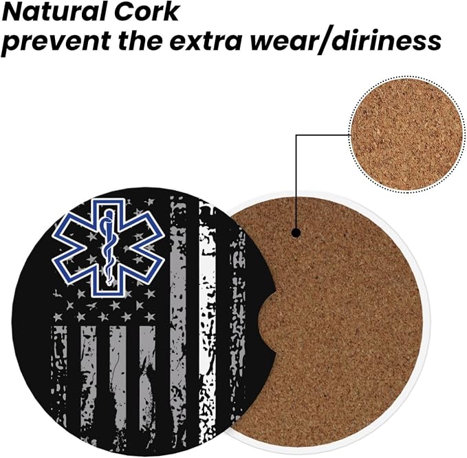 Thin White Line EMS Paramedic American Flag Absorbent Ceramic Car Coasters 2 Pack Insert Cupholder Coaster Car Cup Holder Mat with Finger Notch Anti-Slip Cork Base Drink Coasters 2.56 in
