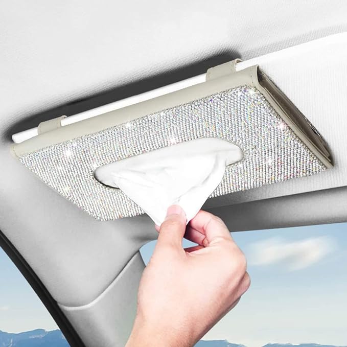 【2026 Upgraded】 Bling Car Sun Visor Tissue Box with Refills Paper Towels, PU Leather Backseat Mask Case,Crystal Sparkling Napkin Holder, Handmade Decoration Accessories for Women,Girls,Ladies as Gift