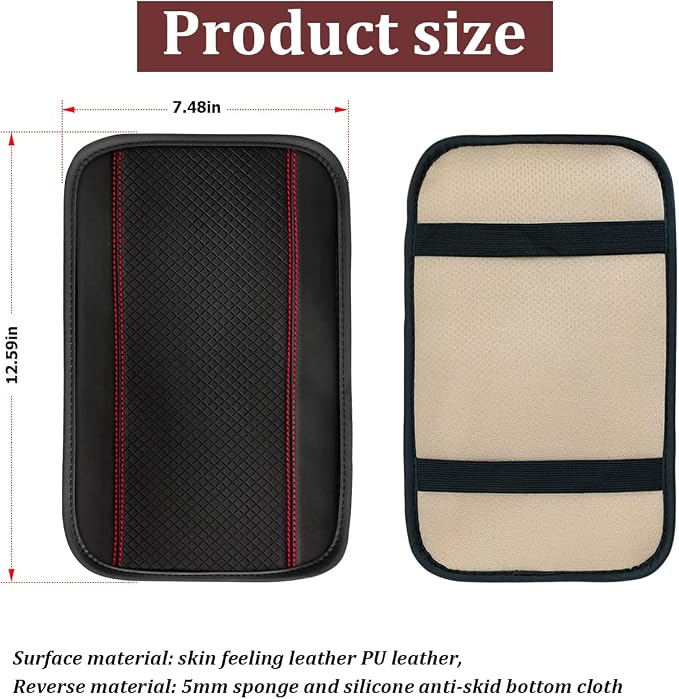 Auto Center Console Pad, PU Leather Car Armrest Seat Box Cover, Waterproof Non Slip Soft Armrest Box Cushion Protector, Car Accessories for Women Men, Universal for SUV, Truck, Van (Black/Red)