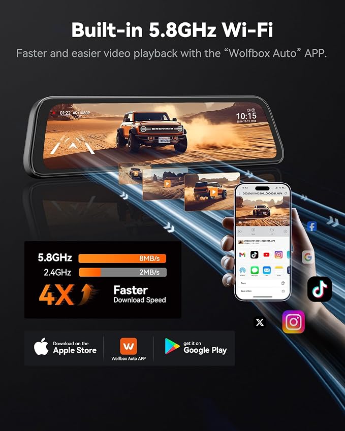 WOLFBOX G840S 12" 4K Mirror Dash Cam Backup Camera, 5.8GHz WiFi Smart Rearview Mirror for Cars & Trucks, Front and Rear View Dual Cameras, Night Vision, Parking Assistance, Included 32GB Card & GPS