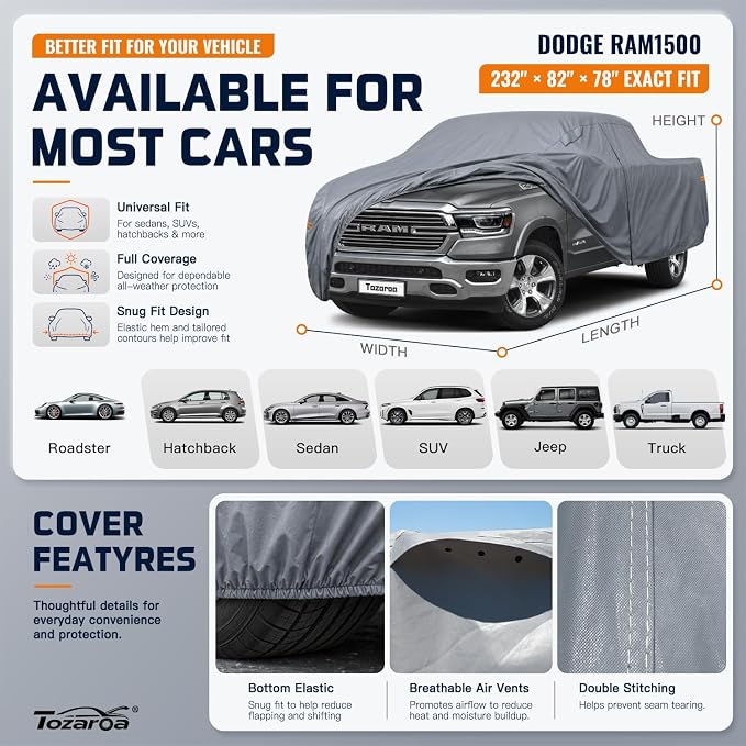 Truck Cover Waterproof All-Weather,Outdoor Full Exterior Pickup Covers(Length 229-246 inch) Max Cab with Windshield Sun Shade Universal Fit F150 Ram 1500 etc,Size T5 (See SizeChart)