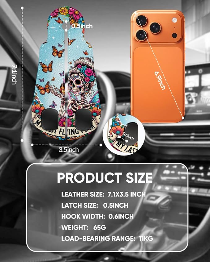WOCOCN Purse Holder for Car, 2 Pack Heavy Duty Purse Hanger for Car, PU Leather Car Seat Hooks for Purses and Bags, Cute Skeleton Headrest Organizer for Handbags & Backpacks