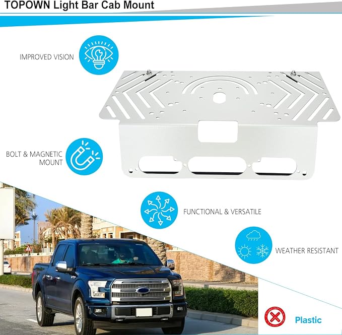 TOPOWN White Metal Drill-Free Light Bar Cab Mount for Ford F-150 (2015+) for Ford F-250-F-550 (2017+),Fit for Magnetic Light Bar and Magnetic Antenna, Support Bolt-on Mounting, Metal Light Bar Mount
