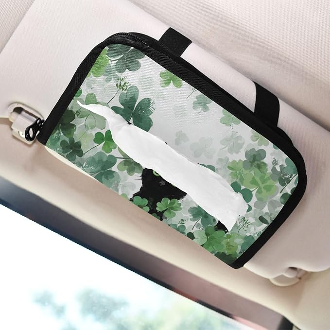Watercolor Clovers Cat Car Tissue Holder Durable Napkin Holder Hanging Tissue Holders Case Car Tissues Bag for Sun Visor Seat Back Universal Auto