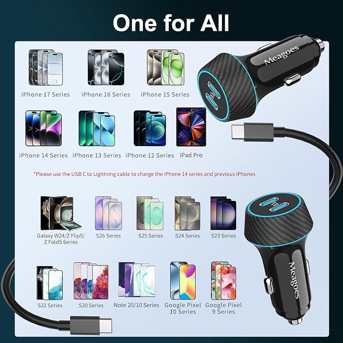 2 Pack 90W USB C Car Charger Super Fast Charging for iPhone 17 Pro Max/Air/16/15/iPad, Samsung S26 Android Phone, Dual 45W PD Port Auto Accessories, 12V Cigarette Lighter Adapter + 10 ft Type C Cord