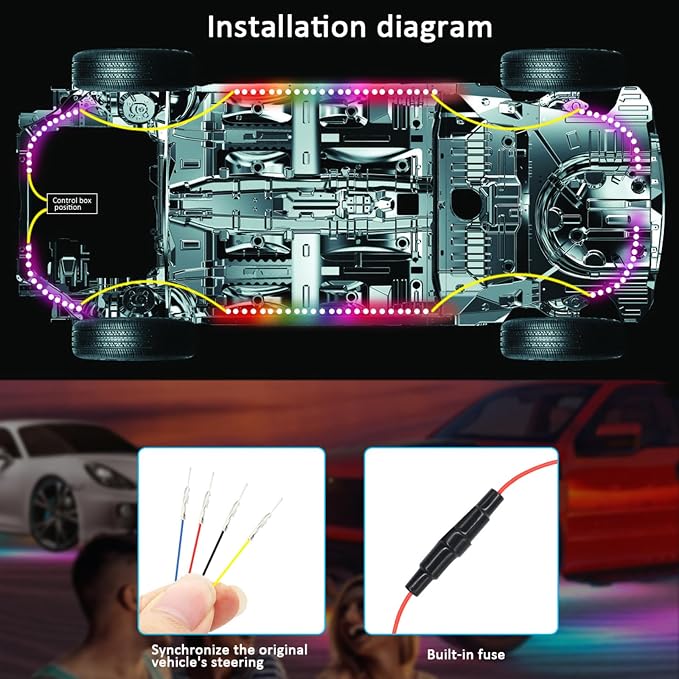 Car Underglow Kit, 6 in 1 RGB Led Lights Strip for Cars, SUV, Truck Chassis | 12V, Neon Ambient Sets with Turn Signal, Ultra Bright, Chasing Glowing, APP & Remote Control, Sync to Music, Waterproof