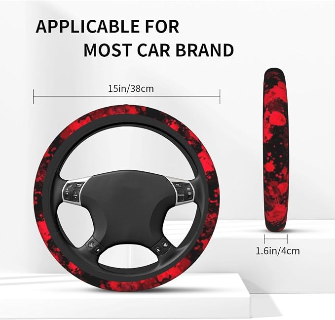 Red Blood Steering Wheel Cover - Classic Horror Blood Splatter Steering Wheel Cover Anti-Slip Breathable for 15 in Universal 2 Pcs Car Interior Cup Holder Pad for Men Women