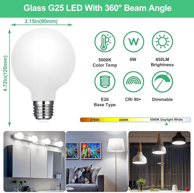 Vinaco Glass G25 led Globe Light Bulbs Dimmable 6W 120V 5000K for Bathroom | 6PCS, Milky Frosted Glass, 60W Eq. 450LM, 360°Beam,Warm White, NO Flicker, High CRI90+, E26 Base, for Makeup Mirror & Pendant