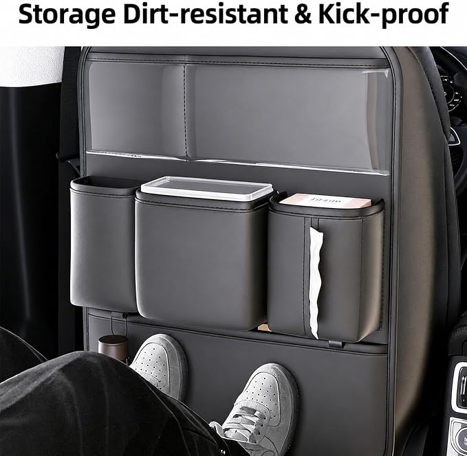 Car Back Seat Organizer, PU Leather Storage Pockets, Black 1 Pack | PU leather seat protector, storage pockets, cup pockets, tissue holder, 1 pack