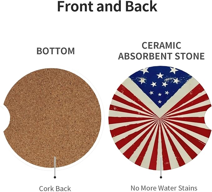 Absorbent Car Coasters for Cup Holders, 2 Pack Universal Anti Slip Ceramic Cup Coaster for Women Men 2.56 Inch Car Interior Accessories - Vintage Stars and Stripes 009