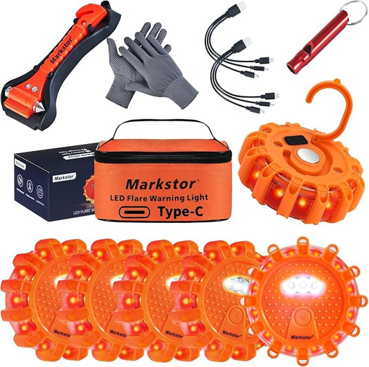 Led Road Flares 6 Pack LED Flares Emergency Kit Recharge LED Flares with Magnetic Roadside Safety Disc Flares Kit with Breaker Whistle for Vehicle