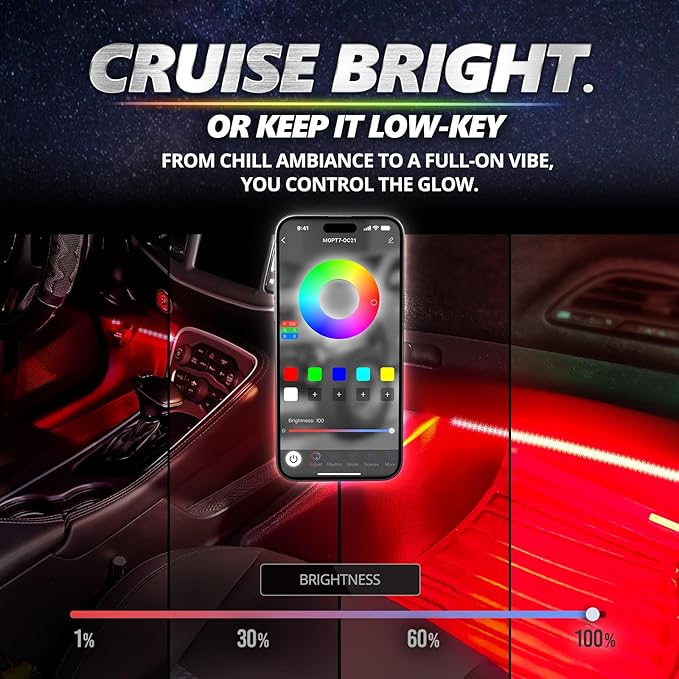 OPT7 Aura Pro Double Glow Interior Truck & SUV Lights with App & Remote | Ultra Bright Ambient Glow, Extended Interior Lighting, 6PC Multicolor LED Strip, Sound Sync, 12V Crew Cab Truck Accessories