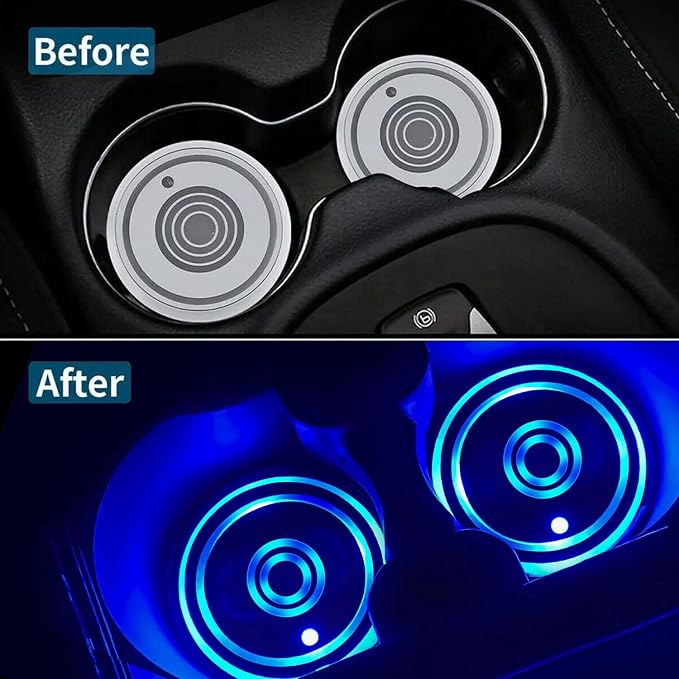 LED Car Cup Holder Lights, 7 Colors Changing USB Charging Mat Waterproof Cup Pad, LED Interior Atmosphere Lamp Decoration Light Inside Car Lighting Accessories (2pcs) (Style 2)