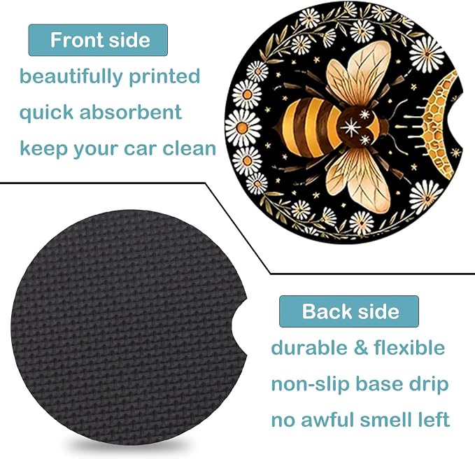 2 Pack Bee Car Cup Holder Coasters Universal Neoprene Coasters | 2.75" Universal Size Anti Slip Rubber Mat, Auto Cup Holder Accessories for SUV Truck, Bee Gifts for Women Men Mom