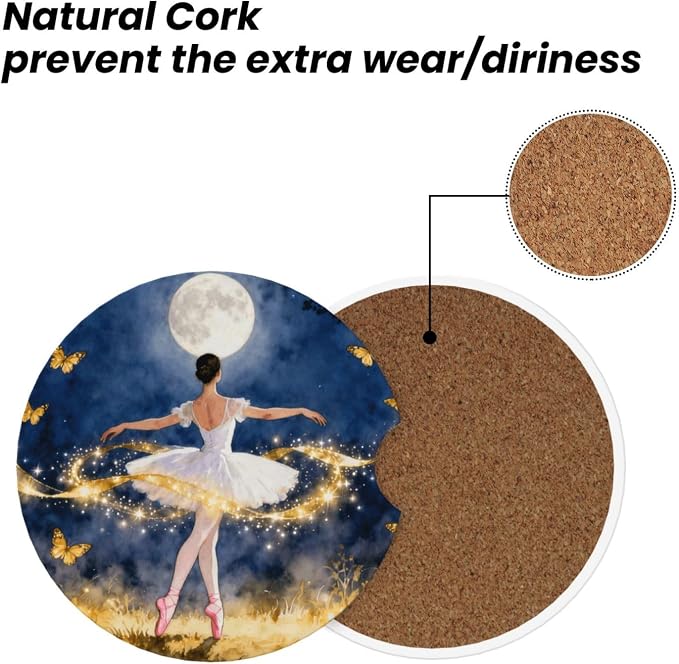 Ballet Dancer Golden Butterfly Moon Forest 2 Pack Car Cup Holder Coasters Absorbent Ceramic Drink Coasters 2.56" Anti Slip Cup Mat with Cork Base and Finger Notch Auto Accessories Interior