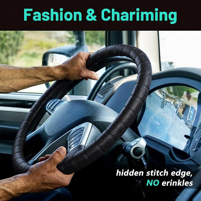 DaisyInner 17.5-18 Inch Steering Wheel Cover for Semi Truck No-Slip & Comfy Grip for Semi Trucks, Rv, Big Rig and 18 Wheelers(Segmented,Leather,Black)