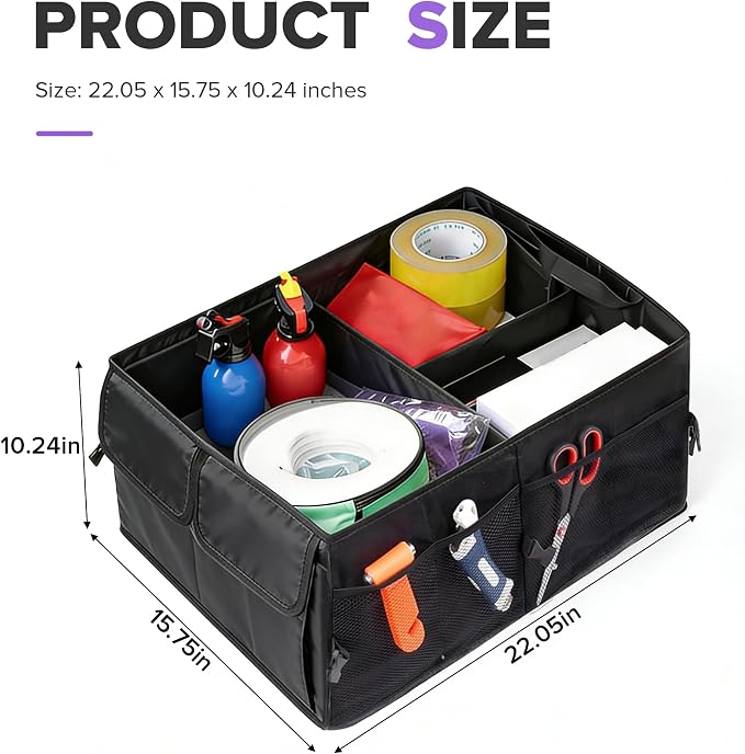 Car Trunk Organizer,Car Accessories Multi Compartment Automotive Storage Box,Waterproof Adjustable Vehicle Trunk Organizers,Suitable for Most Cars,SUV,Sedan,Trucks,Minivan (Black)