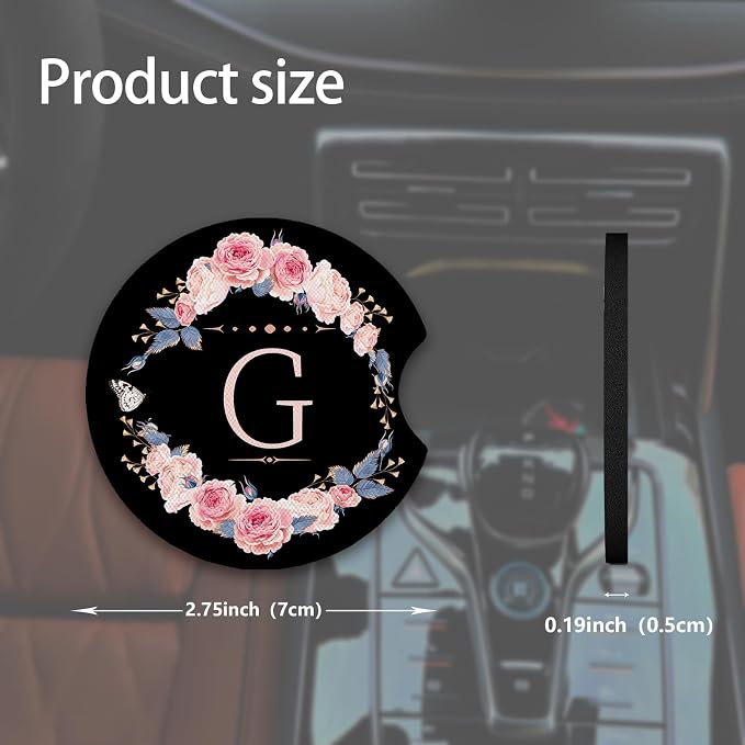 2pcs Letter G Car Coasters,Absorbent Universal neoprener Cup Holder Coasters with a Finger Notch,Car Accessories for Women&Man Interior，2.75"