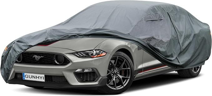 GUNHYI 16 Layers Car Cover Waterproof All Weather, Heavy Duty Full Exterior Cover Universal Fit Coupe Ford Mustang/Shelby, Chevrolet Camaro/Corvette, Kia Optima, Audi A4/A5, BMW 5 Series 525i etc.