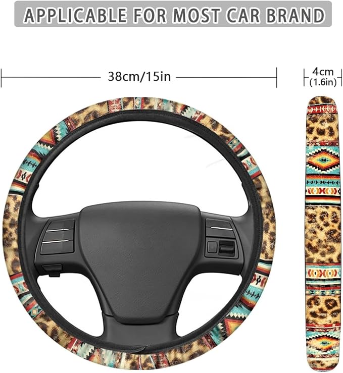 Wanyint Car Steering Wheel Cover Universal 15 Inch Auto Accessories Car Interior Decoration for Women Men Fit SUV Sedan Van Truck, Vintage Aztec Leopard Print